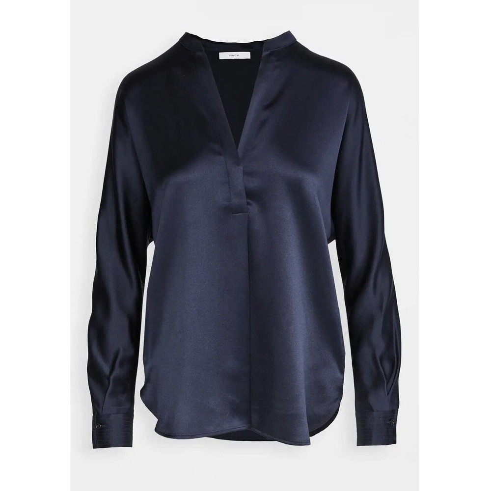 Vince Blouse Top Women's XS Blue Silk Solid Comfort V-Neck Long Sleeves Pullover